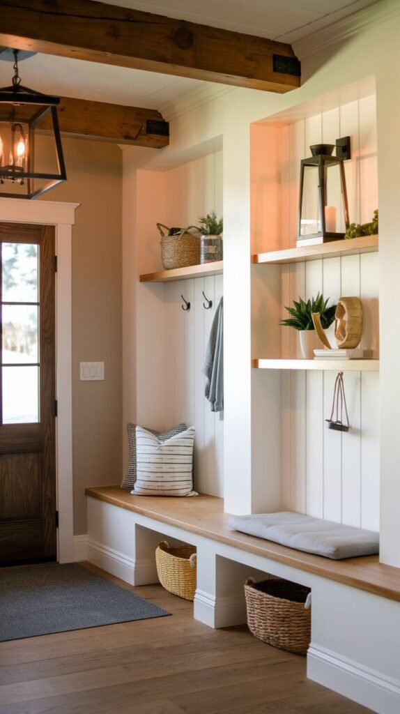 Modern Farmhouse Entryway showing symmetrical built-in seating niches with white vertical paneling and wood benches, separated by a structural pillar, beneath a thick exposed wood beam.