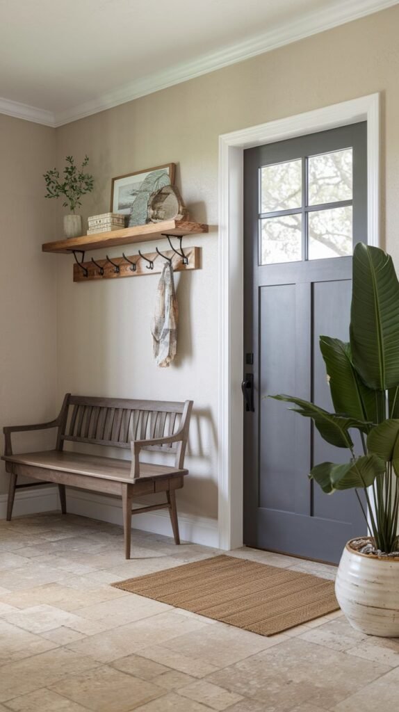 Modern Farmhouse Entryway utilizing natural stone tile flooring, a dark grey paneled front door, a slatted wood bench, a rustic wood shelf with decorative brackets and black hooks, and a large potted plant.
