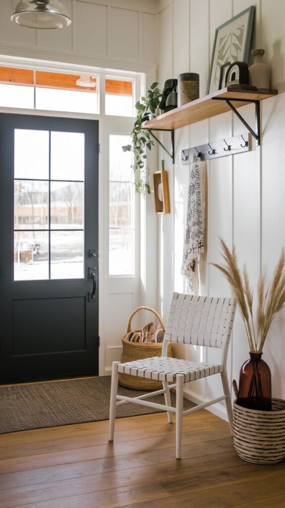 Modern Farmhouse Entryway emphasizing modern style with white vertical paneling, a black front door, a white woven accent chair, and a light wood floating shelf supported by industrial black brackets.