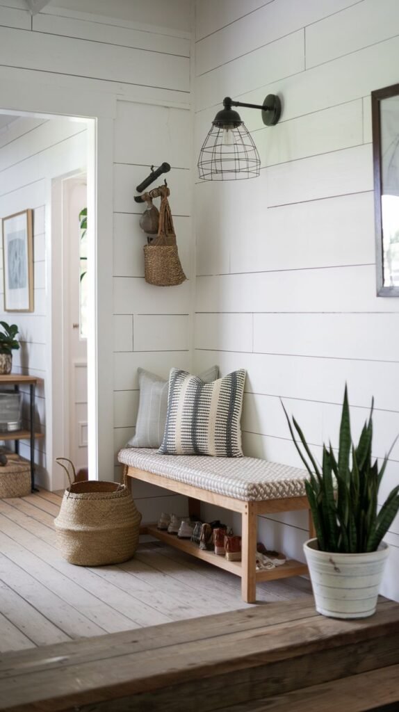 Modern Farmhouse Entryway featuring white shiplap walls, a natural wood bench with under-bench shoe storage, and a striking black cage industrial wall sconce.