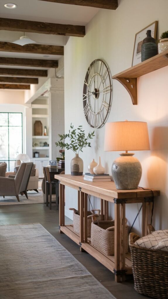 Modern Farmhouse Entryway hallway showcasing a natural wood console table, a large industrial skeleton wall clock, and rustic exposed dark wood ceiling beams.