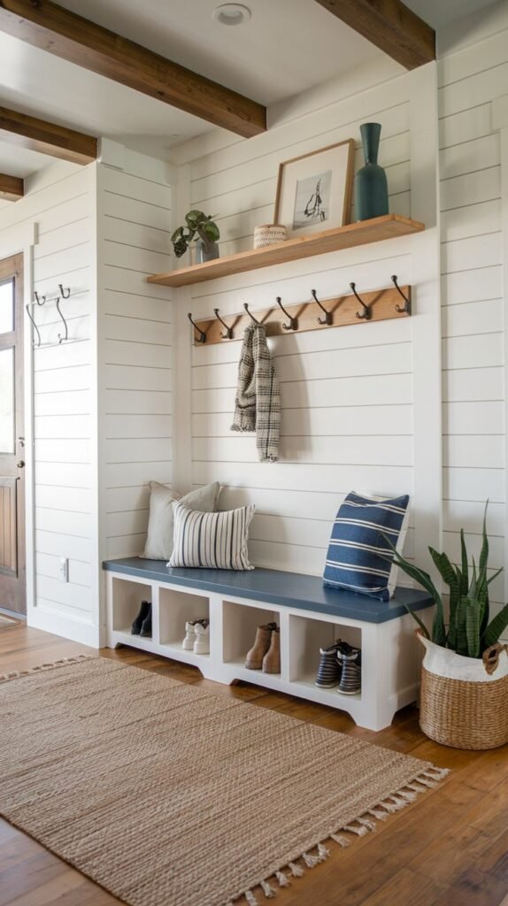 Modern Farmhouse Entryway mudroom area with white shiplap paneling, a built-in bench featuring dark blue paint and shoe cubbies, a wood shelf with black hooks, and a chunky natural jute rug.