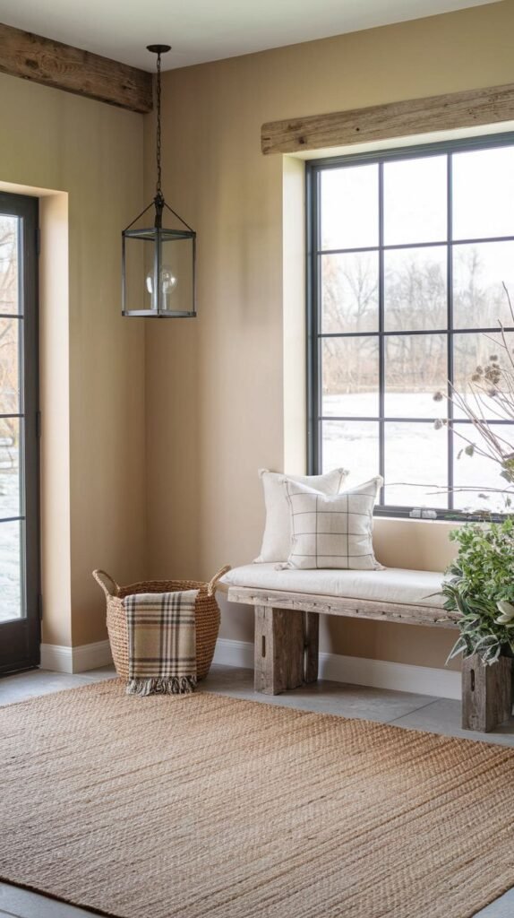Modern Farmhouse Entryway seating area with large black-framed windows, weathered wood beams, a distressed wooden bench, and a square metal lantern pendant light over a textured rug.