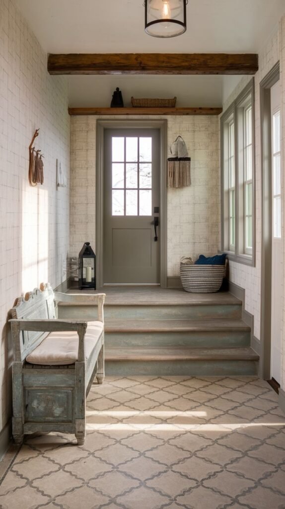 Modern Farmhouse Entryway with steps leading to a door, featuring white textured brick-look walls, patterned tile flooring, an antique distressed blue bench, and rugged wood ceiling beams.