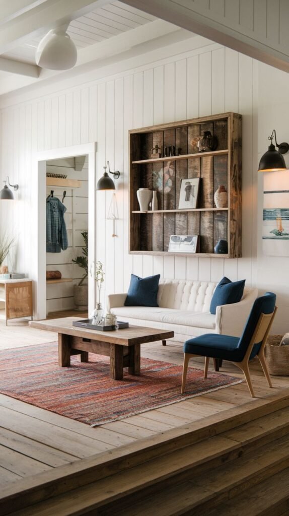 Modern Farmhouse Entryway showing an open concept space with vertical white paneling and a large dark wood display shelf acting as a focal point over a white sofa and blue chair.