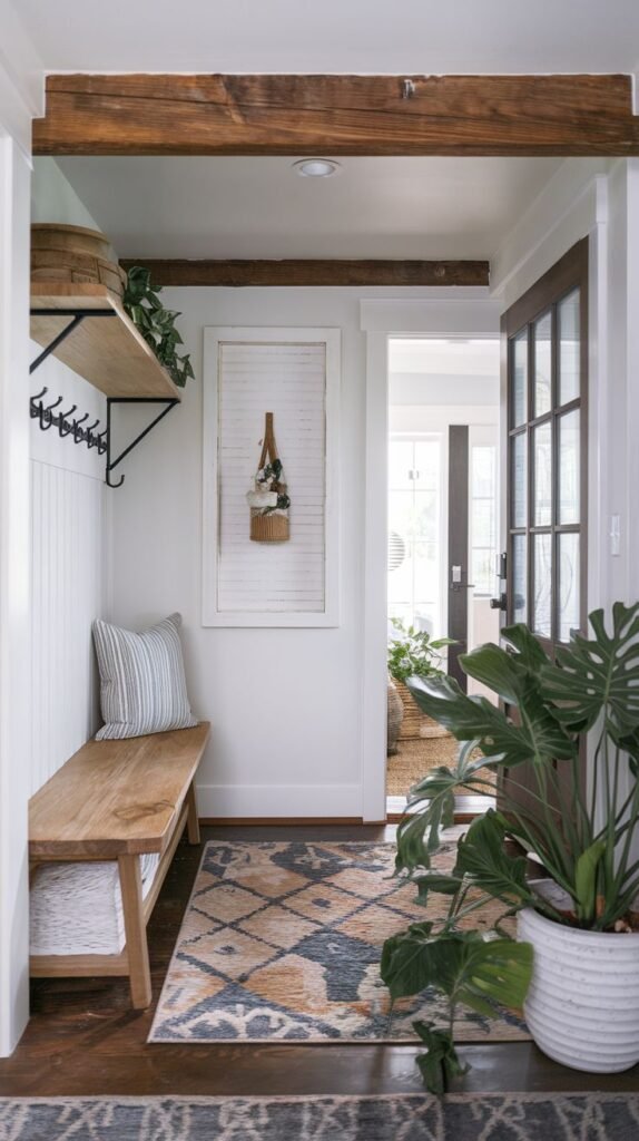 Modern Farmhouse Entryway defined by a striking dark wood ceiling beam, a natural wood bench with white storage baskets beneath, a floating wood shelf with black metal hooks, and a large potted Monstera plant.