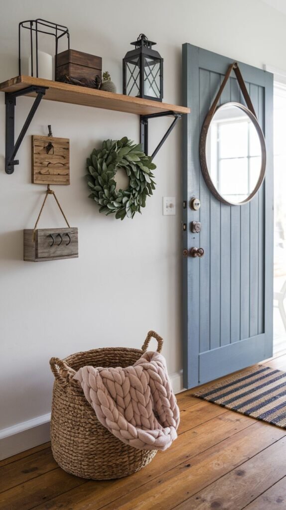 Modern Farmhouse Entryway featuring a blue planked front door, a round leather-strap hanging mirror, a wood floating shelf with lanterns and decor, and a large woven basket on a wood floor.