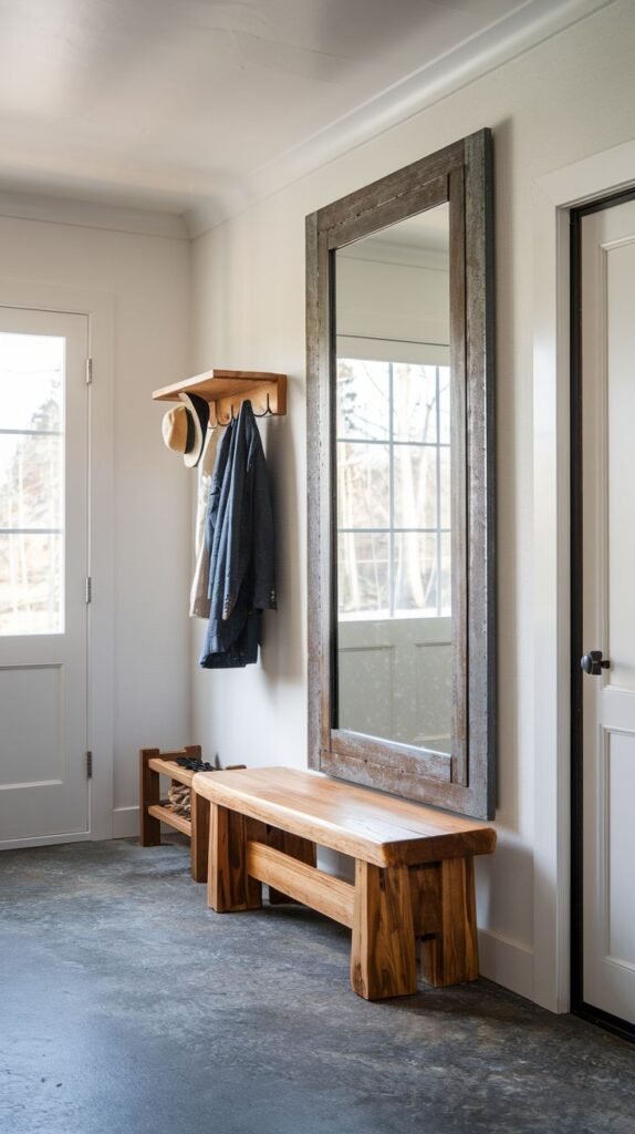 Modern Farmhouse Entryway featuring a massive, floor-to-ceiling mirror with a distressed metal frame, set above a chunky, rustic wood slab bench on a dark concrete or slate floor.