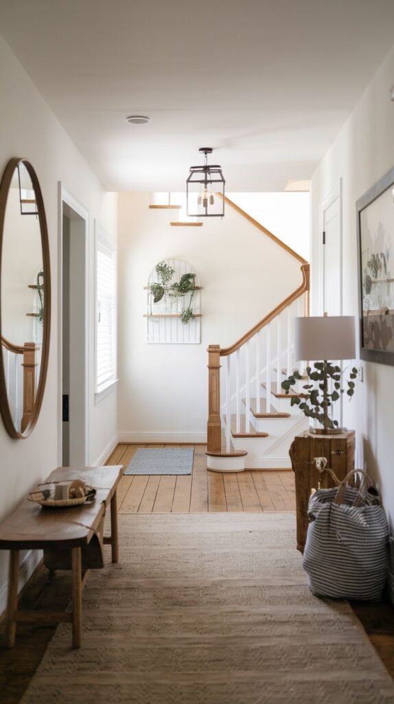 Modern Farmhouse Entryway hallway leading to a staircase, anchored by a wood bench, a vertical oval wood-framed mirror, and a wood trunk side table with a lamp.