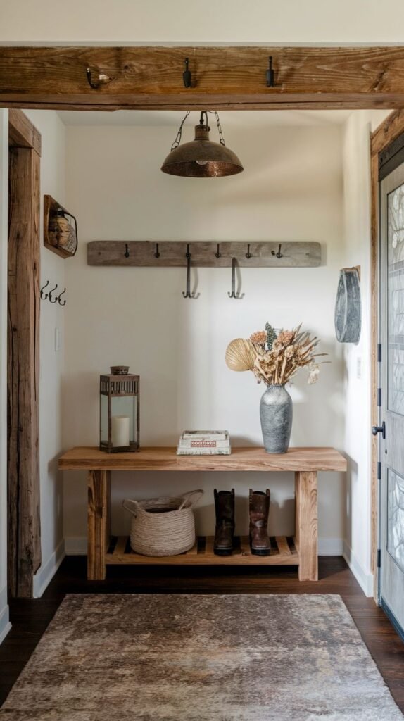 Modern Farmhouse Entryway rustic archway defined by heavy, exposed wood beams, featuring a wood bench with open shelf storage, a salvaged wood coat rack, and an antique industrial pendant light.