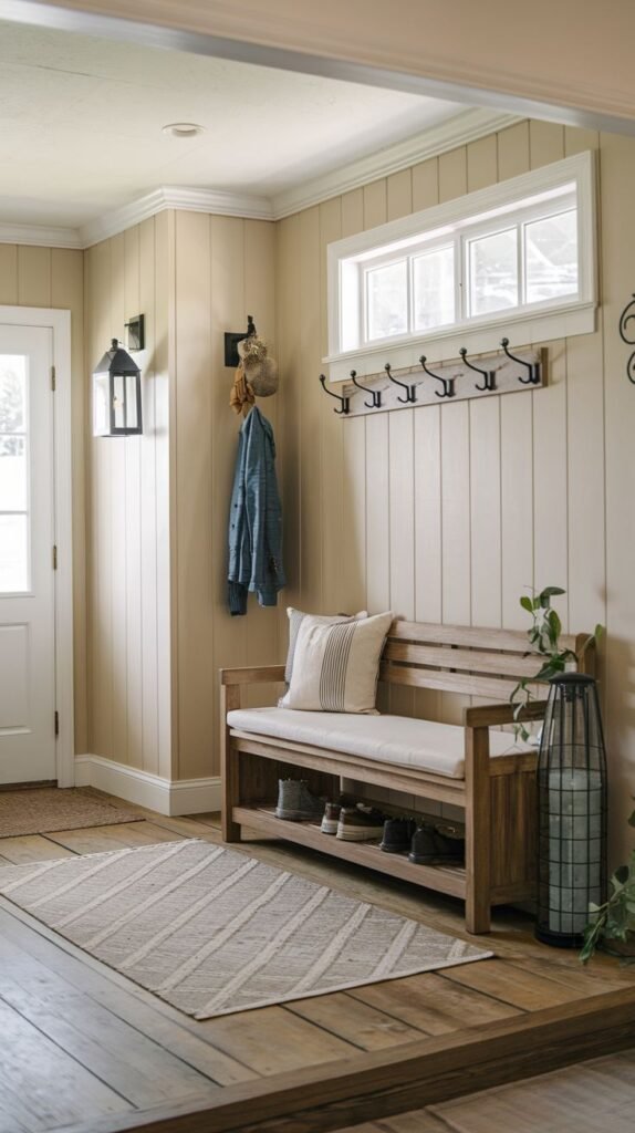 Modern Farmhouse Entryway featuring warm tan vertical wood paneling, a wooden slatted bench with cushion and under-seat shoe storage, and a black wall-mounted lantern light fixture.