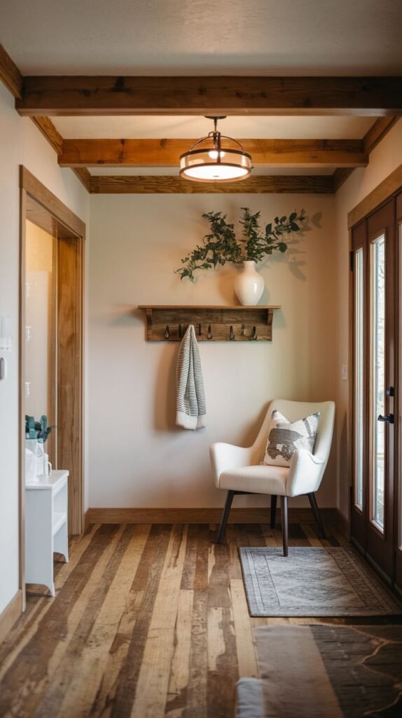 Modern Farmhouse Entryway featuring wide variegated wood plank floors, exposed ceiling beams, a contemporary white upholstered armchair, and a wall shelf with hooks for hanging.