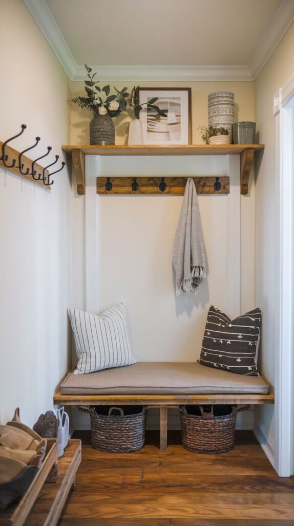 Modern Farmhouse Entryway storage nook with a wood bench, a thick floating shelf displaying décor, baskets tucked below the seat, and multiple coat hooks on the wall.