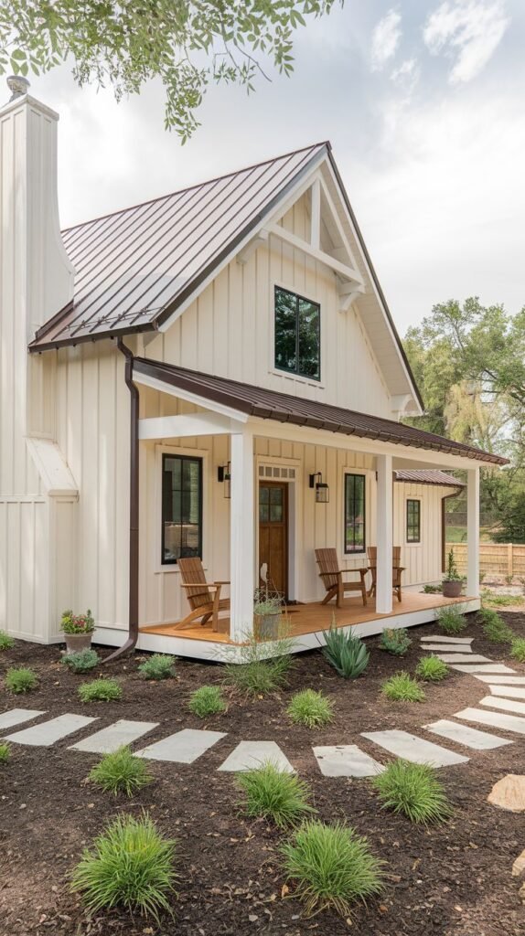 Classic off-white board-and-batten farmhouse with a front covered porch supported by white columns, featuring a wood deck and a prominent chimney. The approach includes a rustic path of large, irregularly shaped stone pavers set in dark soil.