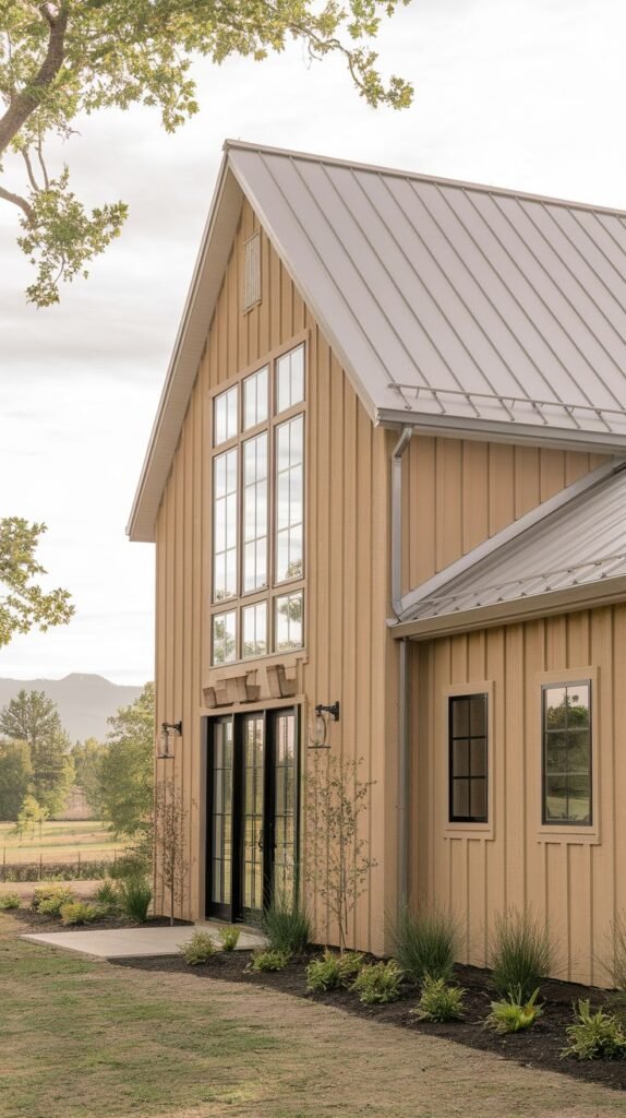 Modern farmhouse featuring warm, honey-toned natural wood vertical siding and a silver metal roof. The gable end is dominated by a towering, multi-paned black-framed window wall, overlooking fields and mountains.