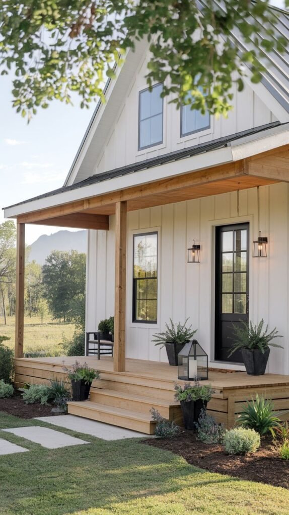White board-and-batten porch entrance with exposed light wooden posts supporting the roof. The wooden deck is accessed by large square stone pavers set in a grassy yard, with decorative potted plants near the black-framed door.