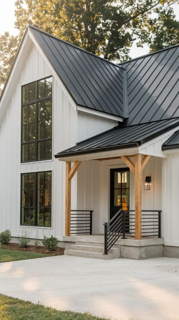 White vertical-sided farmhouse with a steep black metal roof. The entry features concrete steps and pad, exposed natural wood porch supports, and a modern black horizontal rod railing.