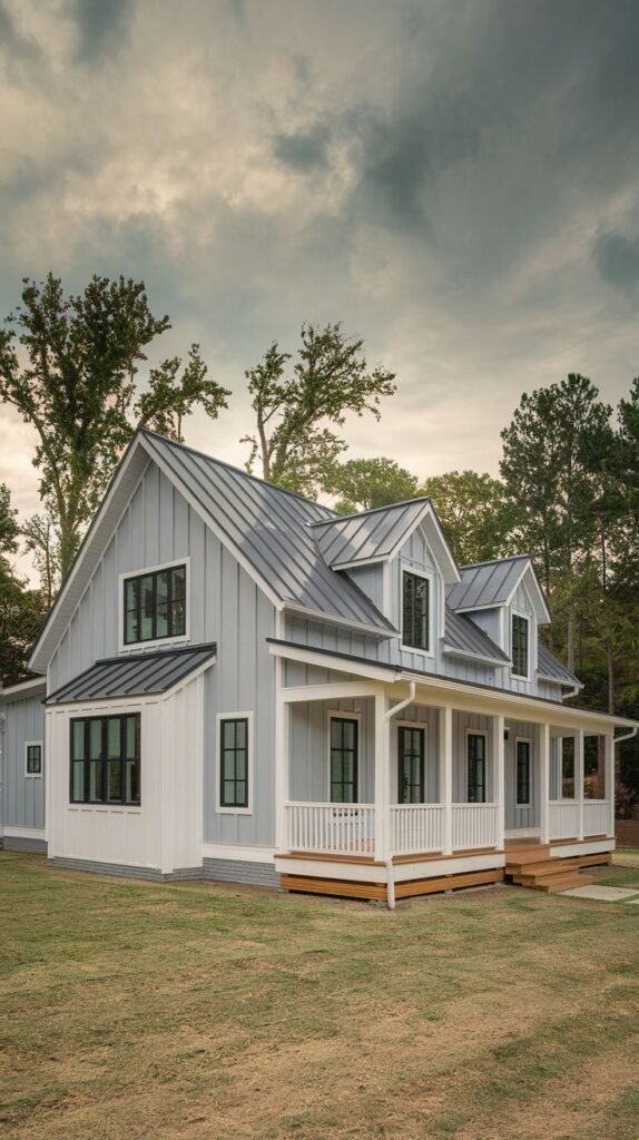 Multi-gabled farmhouse with muted blue-grey vertical siding and a grey metal roof. The front wrap-around porch features white vertical railings and dark-framed windows, sitting above a wooden base and steps.