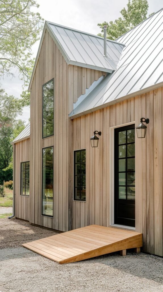 Modern barn-style structure with pale, natural wood vertical siding and a light metal roof. The entry is distinguished by a low, smooth wooden access ramp leading up to a black-framed glass door, set on a gravel area.