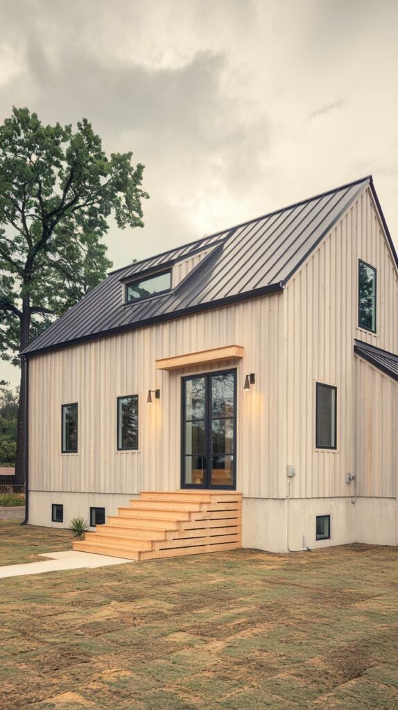 Modern light wood vertical-sided structure with a concrete foundation base and a steep black metal roof. Access to the main level is provided by wide, light-colored wooden steps leading to black French entry doors.