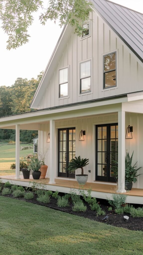White two-story farmhouse with a dark metal roof and a full covered porch supported by white columns. The porch is decorated with several large potted plants framing the black-framed glass doors.