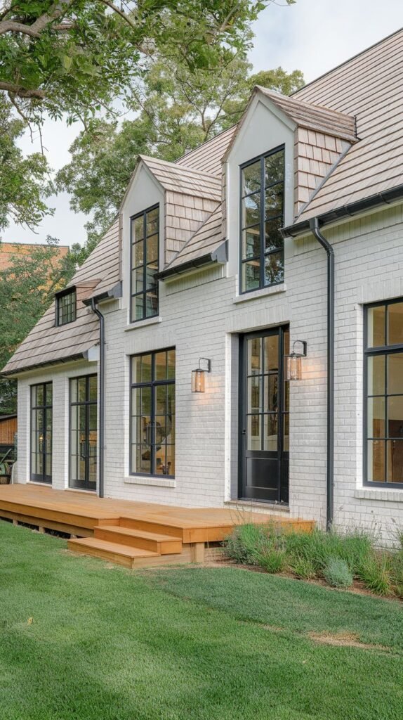 Large farmhouse exterior clad in light grey painted brick veneer, featuring dormers covered in light wooden shingles. The lower level opens onto a wooden deck through multiple black-framed windows and a glass door.