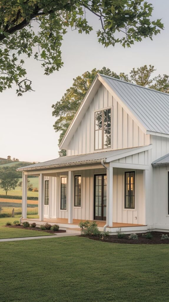 White vertical-sided farmhouse with a silver metal roof and a deep covered porch supported by slender white columns. Black-framed French doors and tall windows line the porch, overlooking a field.