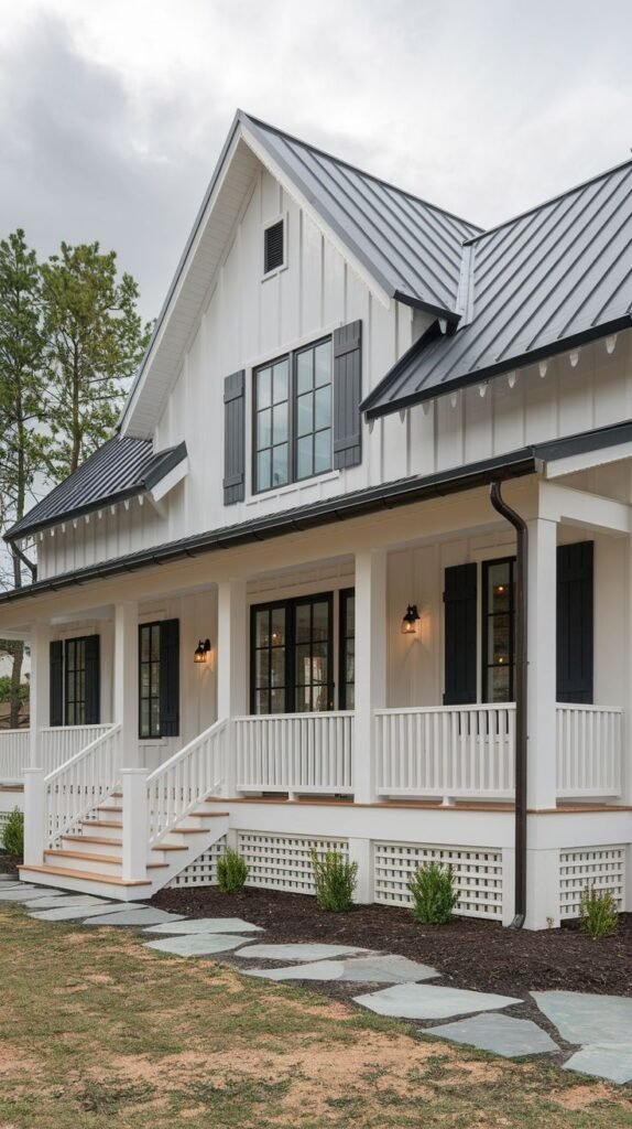 White farmhouse with a black metal roof and an extensive covered porch featuring white balustrade railing and decorative white lattice skirting below. Windows are accented with black shutters.
