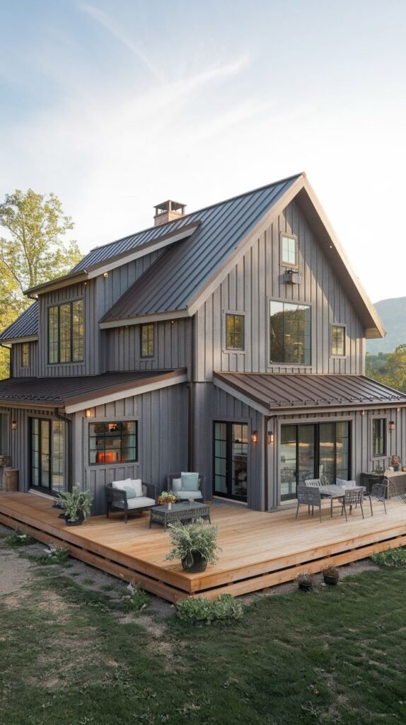 Grand, multi-story farmhouse with grey vertical siding and a dark bronze metal roof. A large wooden deck wraps around the lower level, providing outdoor space and views of the surrounding hills and woods.