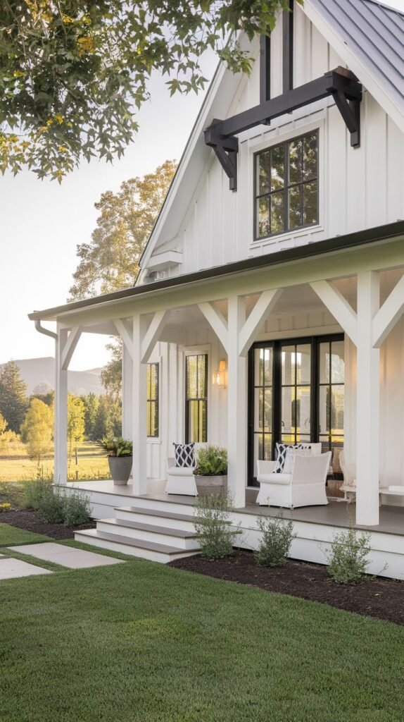 White board-and-batten farmhouse entrance featuring a covered porch supported by thick white structural posts. The entry is highlighted by black-framed glass doors, and a decorative black bracket detail is visible high on the gable end.