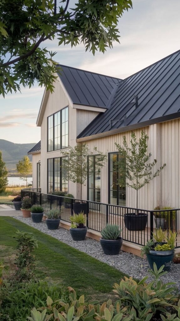 Modern farmhouse exterior featuring light vertical siding, a steep black metal roof, tall black-framed windows, and a minimalist black metal railing bordering a gravel patio lined with large, dark planters. Water is visible in the distant background.