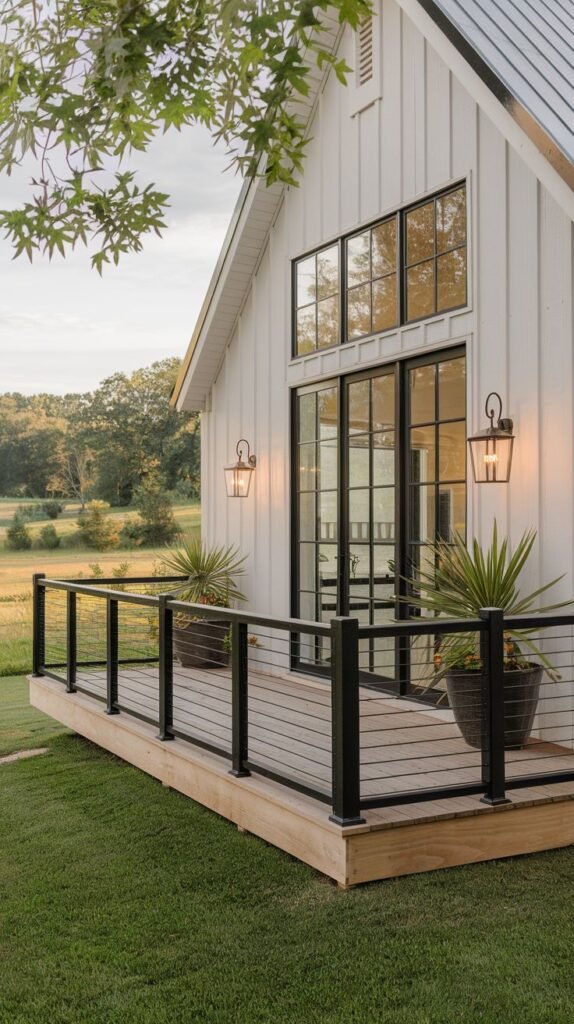 White board-and-batten farmhouse with a dramatic gable end featuring stacked black-framed windows. A raised wood deck is secured by a sleek, black cable railing system.
