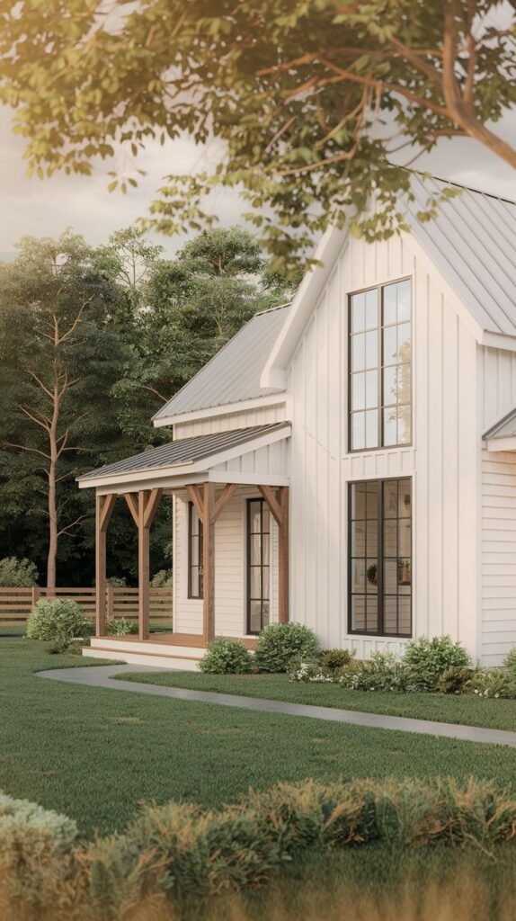 White vertical-sided farmhouse with a high gable end featuring two stories of large black-framed windows. A covered side porch is supported by exposed, rustic wooden posts and beams.