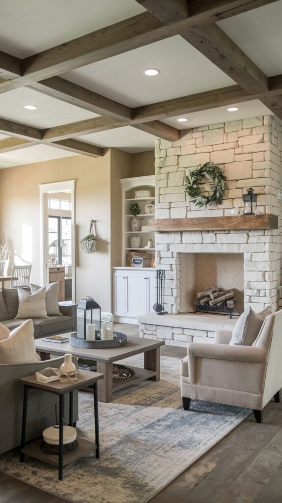 Living room with a coffered ceiling featuring dark exposed wooden beams, and a large focal point fireplace constructed from light stacked natural stone with a heavy wood mantel, flanked by white built-in shelving.