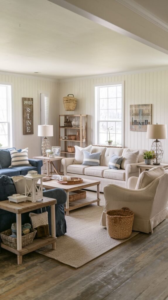 Light and breezy cottage farmhouse interior with vertical white wood paneling, featuring navy blue accent chairs and white seating with striped blue pillows, natural wood shelving, and large windows.