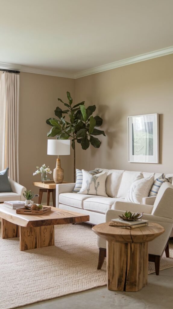 Minimalist farmhouse design showcasing natural materials, featuring a low coffee table made from raw, live-edge wood slabs and a matching cylindrical side table, against warm taupe walls.