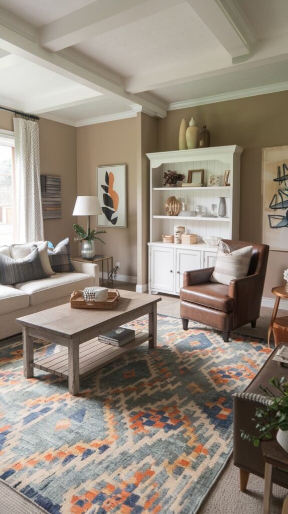 Living room with a white coffered ceiling and a bold area rug featuring abstract geometric patterns in blue, orange, and gray; includes a white display hutch, a rustic wood coffee table, and a brown leather armchair.