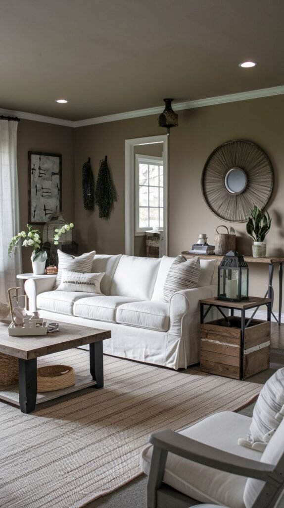 High-contrast farmhouse room with deep brown walls and a white slipcovered sofa; decor includes a round mirror with a woven frame and a unique industrial end table built from a wood crate within a black metal frame.