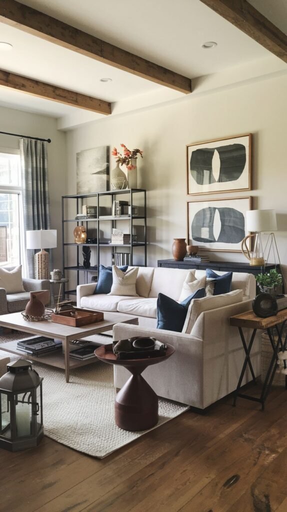 Contemporary farmhouse seating area featuring exposed wooden beams and a tall, open black metal shelving unit; the white sofa is accented with deep blue velvet pillows, set beneath two large abstract black and white artworks.