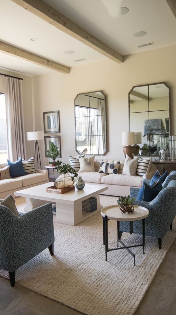 Symmetrical living room featuring light ceiling beams, a light sofa, and two identical large paneled mirrors mounted side-by-side above the seating, reflecting the room's light and openness; accented by two blue patterned armchairs.