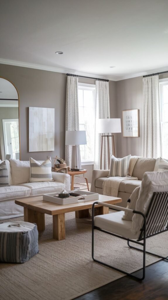 Relaxed seating grouping against gray walls, anchored by a chunky light wood coffee table with thick post legs, a neutral sectional, and an accent chair with a black metal frame and white cushions.