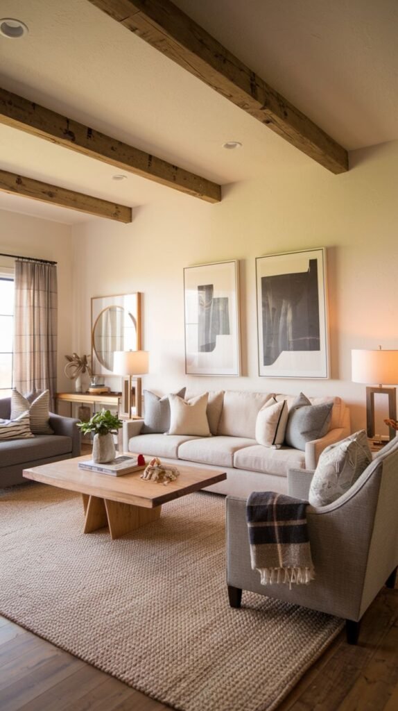 Sophisticated farmhouse setting with rough wood beams, a light beige sofa, and a clean modern wood coffee table with an X-shaped pedestal base; features two large framed abstract artworks in neutral tones.