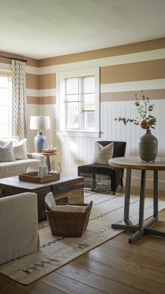 Unique farmhouse interior featuring wide horizontal stripes in tan and white on the upper walls, situated above white wainscoting; includes a dark wooden chest coffee table and a dark wicker-sided accent chair.