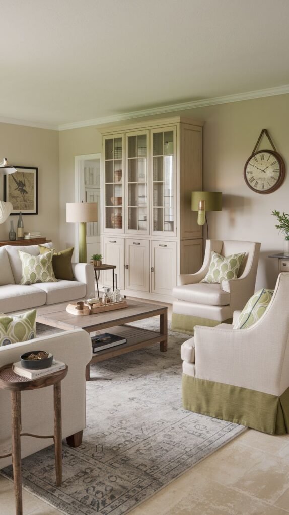 Traditional modern farmhouse with warm beige walls and a large, light-toned glass-front display cabinet; features neutral furniture accented with bright lime green patterned pillows and a large hanging Roman numeral wall clock.