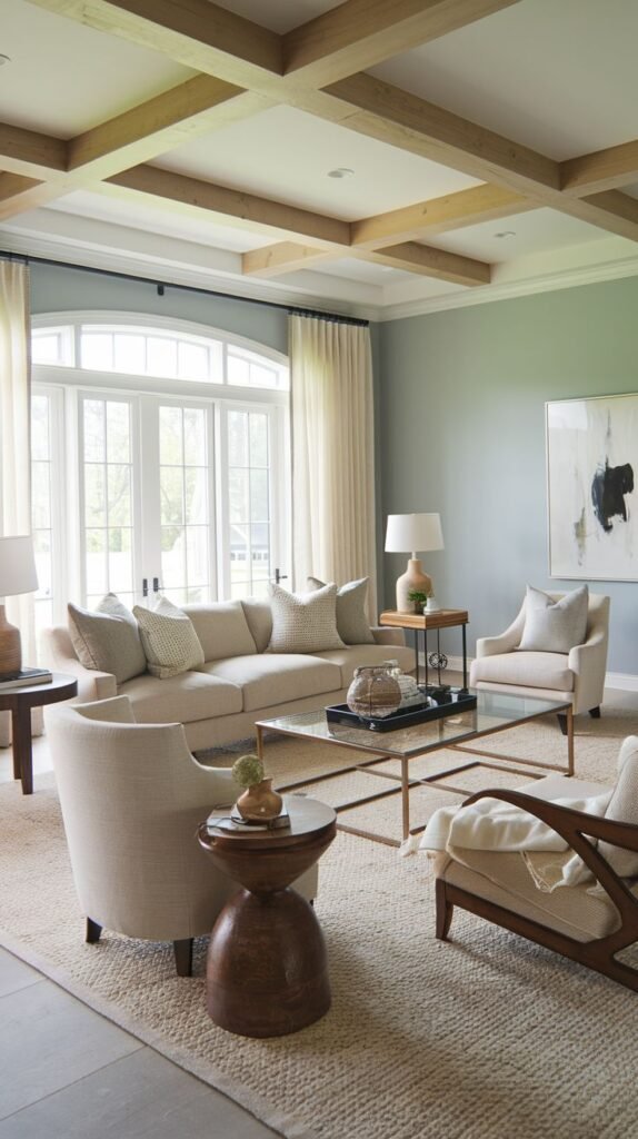 Elegant modern living room with light wooden coffered ceiling beams, soft blue-gray walls, neutral furniture, and large arched French doors flooding the space with natural light; includes a sleek metal and glass coffee table.