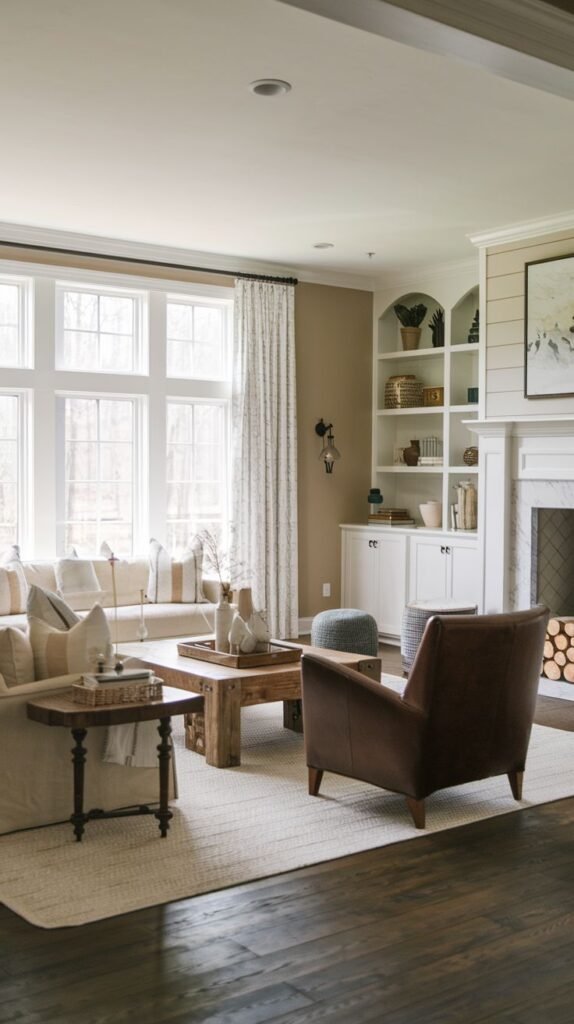 Bright living room defined by a huge, multi-paned white picture window with a built-in window seat, flanked by built-in white shelving with arched tops next to a simple white fireplace mantel; includes a rich brown leather armchair.