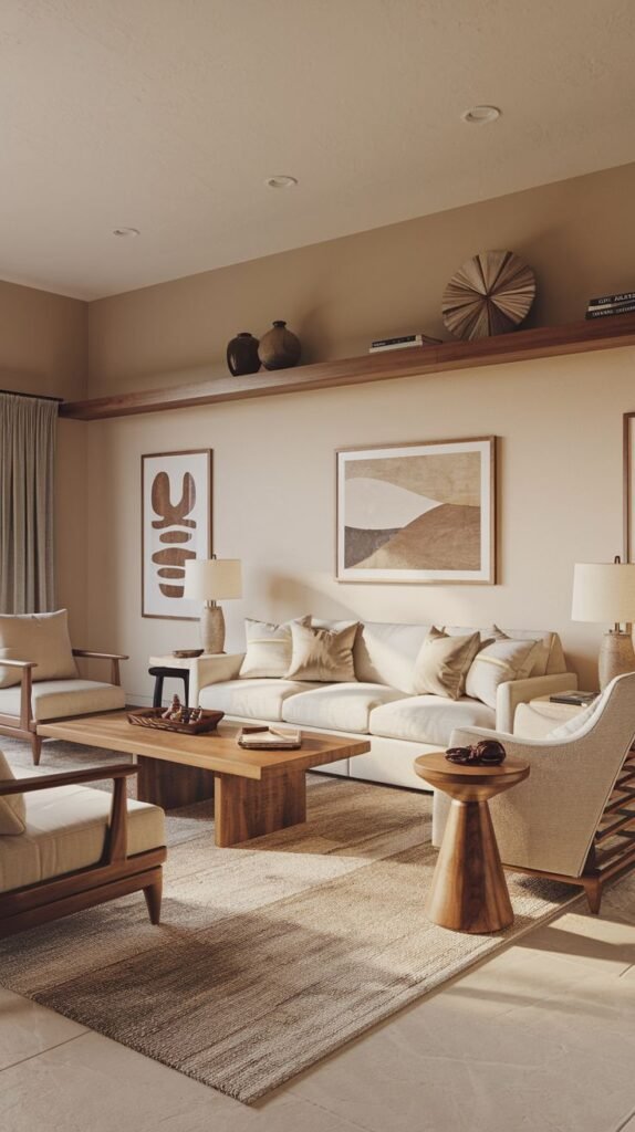 Minimalist and spacious living room featuring warm taupe walls, simple wood-framed armchairs, and a large, sleek rectangular wood coffee table resting on a natural woven rug.