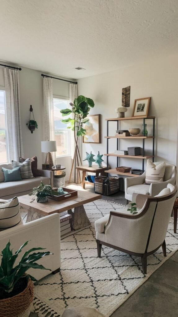Modern farmhouse living room featuring a tall, open industrial black metal bookcase with wood shelves, a rough-textured white coffee table base, and a cream sofa, set over a large Moroccan-style geometric rug.