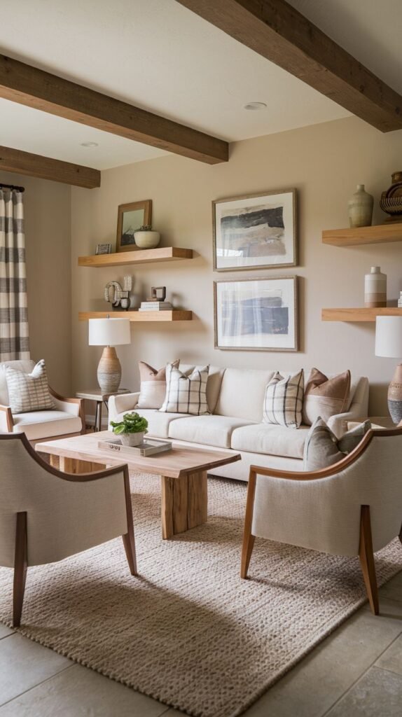Intimate seating area with wood ceiling beams, featuring symmetrical light wood floating shelves displaying ceramic objects, a neutral sofa, and plaid patterned throw pillows and curtains.