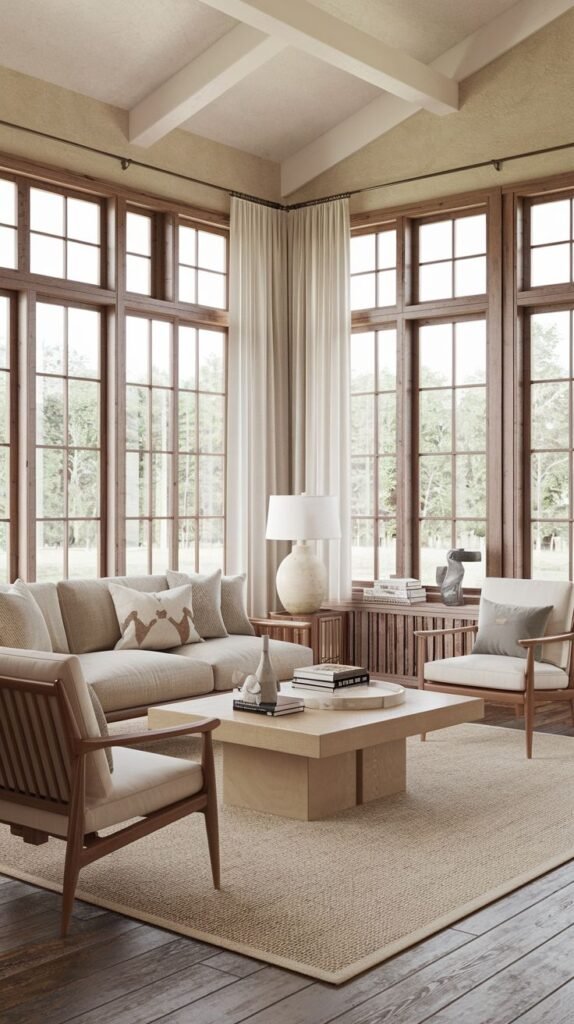 Grand living room with a vaulted ceiling and expansive, multi-paned windows framed in warm natural wood, filling the entire wall; seating is neutral and centered around a large square light wood coffee table.